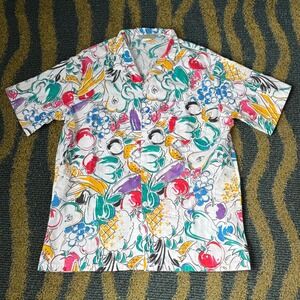 Vintage 80s Fruit and Vegetables Food Print Button Up Shirt Hawaiian Mens Medium